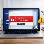 Laptop showing errorcode dropbox 8737.idj.029.22 with sync failure message and troubleshooting setup on desk