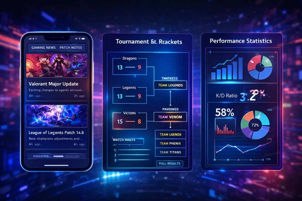 etruesports com interface showing gaming news tournament brackets player statistics and performance metrics dashboard