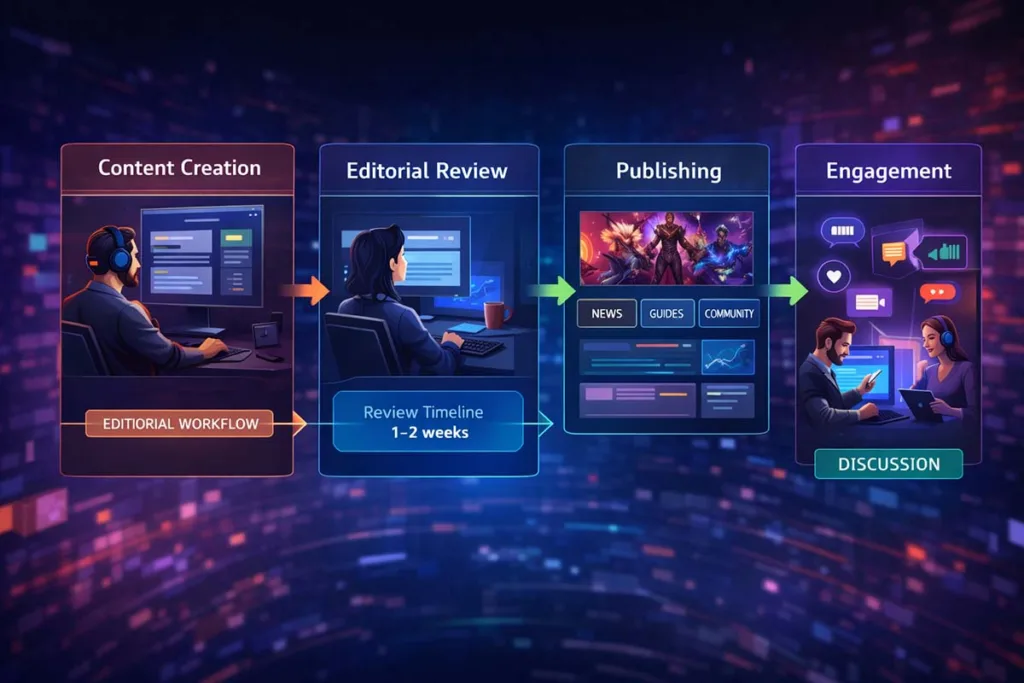 etruesports com workflow showing content creation editorial review publishing process and user interaction flow on gaming platform
