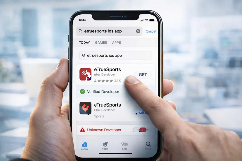 etruesports ios app download process showing iPhone App Store search with verified developer and warning for untrusted app listing