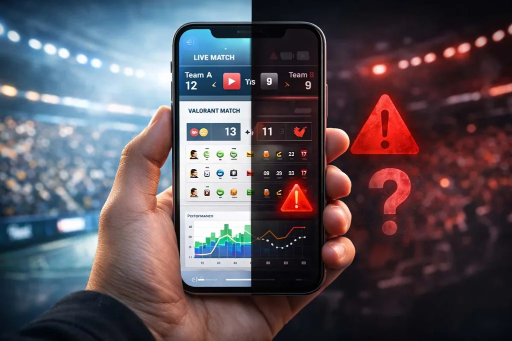 etruesports ios app real or fake concept showing smartphone with live scores player stats and warning signs indicating trust and safety concerns