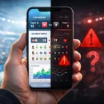 etruesports ios app real or fake concept showing smartphone with live scores player stats and warning signs indicating trust and safety concerns