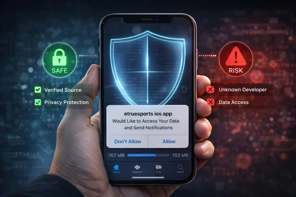 etruesports ios app safety concept showing smartphone with permission request secure shield safe icon and risk warning for unknown developer and data access