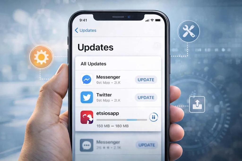 etruesports ios app update screen showing etsiosapp version progress bar on iPhone with App Store updates and performance improvements