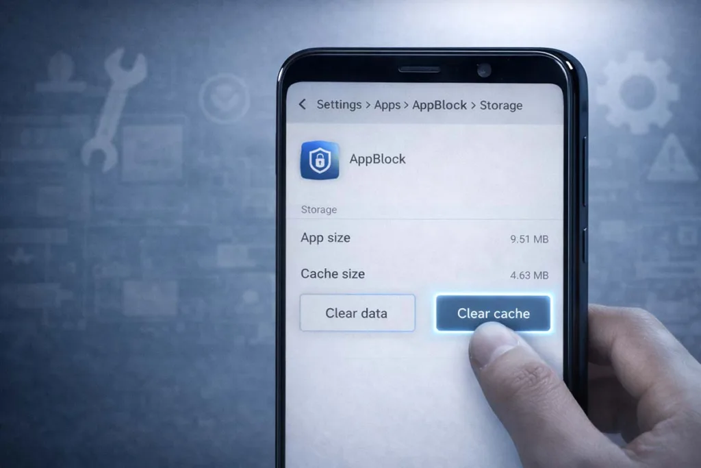 Android phone screen showing content://cz.mobilesoft.appblock.fileprovider/cache/blank.html fix by tapping clear cache in AppBlock storage settings