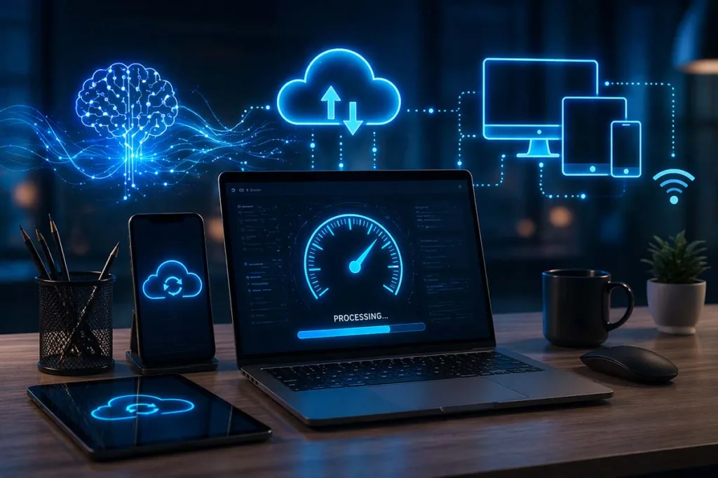 g15tool gadgets showing real time processing cloud sync AI integration and cross device compatibility on laptop tablet and smartphone