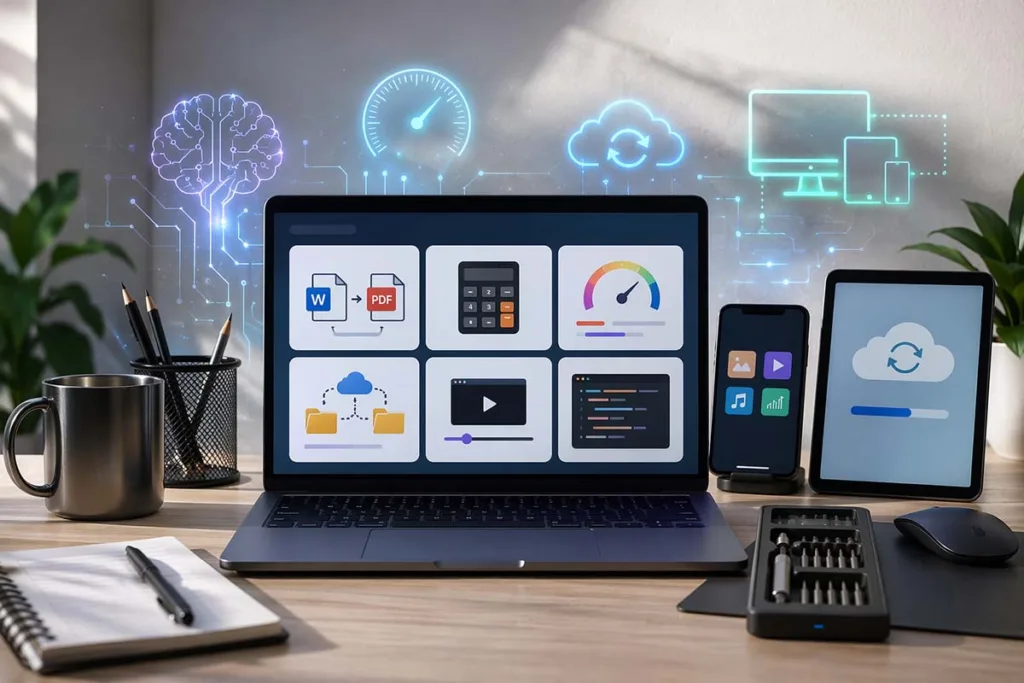 g15tool gadgets displayed on laptop with browser-based utilities, cloud sync, and cross-device compatibility in a modern workspace setup