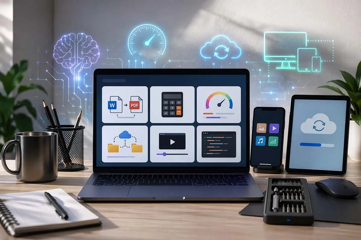 g15tool gadgets displayed on laptop with browser-based utilities, cloud sync, and cross-device compatibility in a modern workspace setup