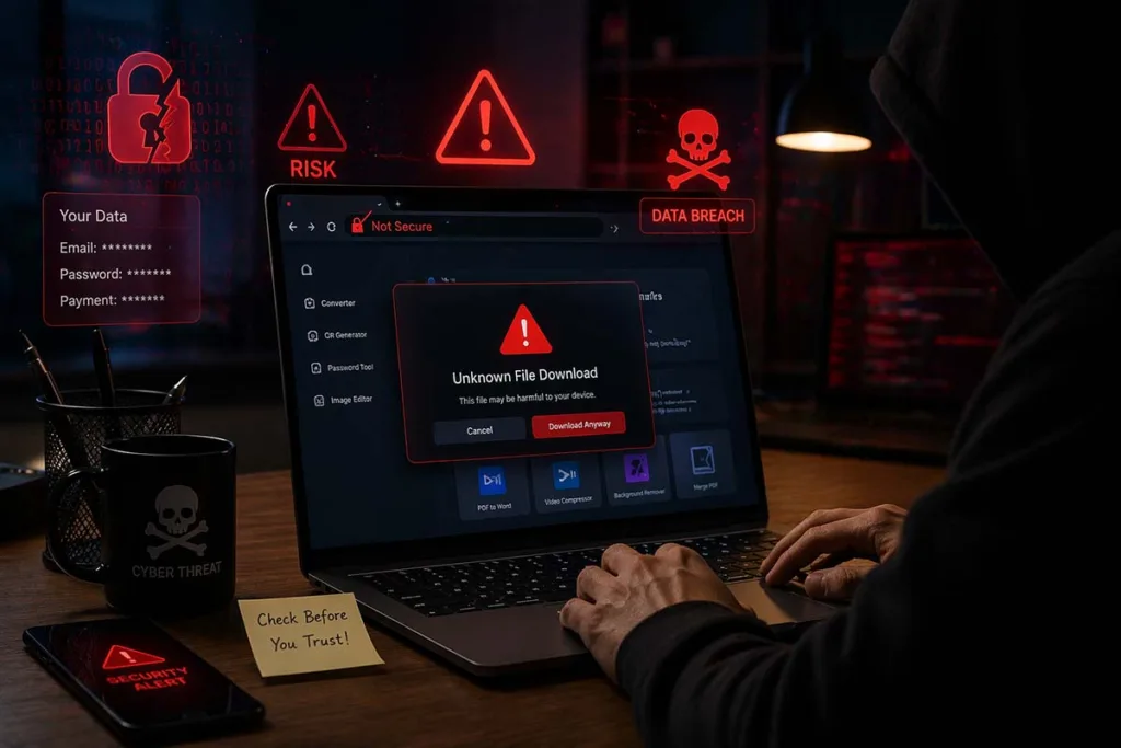 g15tool gadgets showing security risks with browser-based utilities warning alerts data breach and unsafe online tool usage on laptop