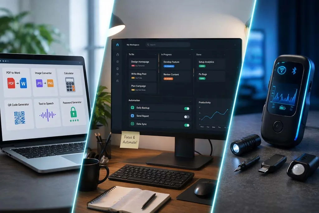 g15tool gadgets showing browser-based utilities, productivity tools, and smart connected device with sensors and Bluetooth features
