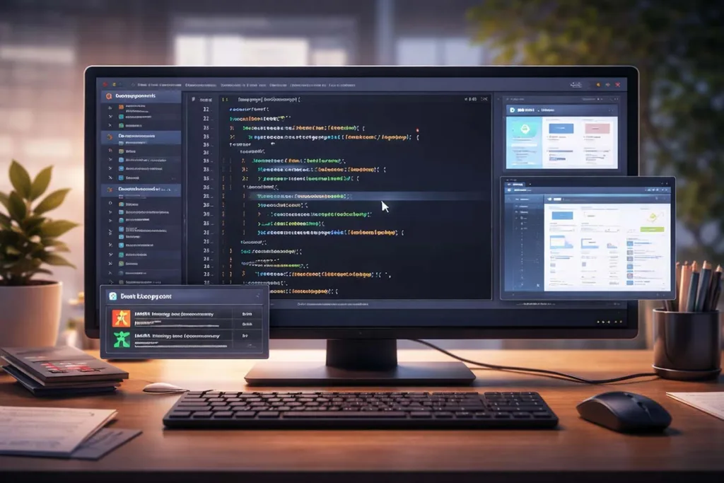 gdtj45 builder software showing code editor with syntax highlighting live preview dashboard and debugging error console in a modern workspace