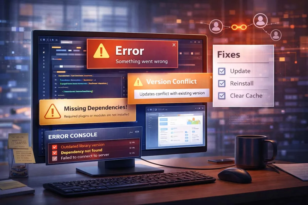 gdtj45 builder software showing error messages version conflict missing dependencies and debugging console with fixes checklist on screen