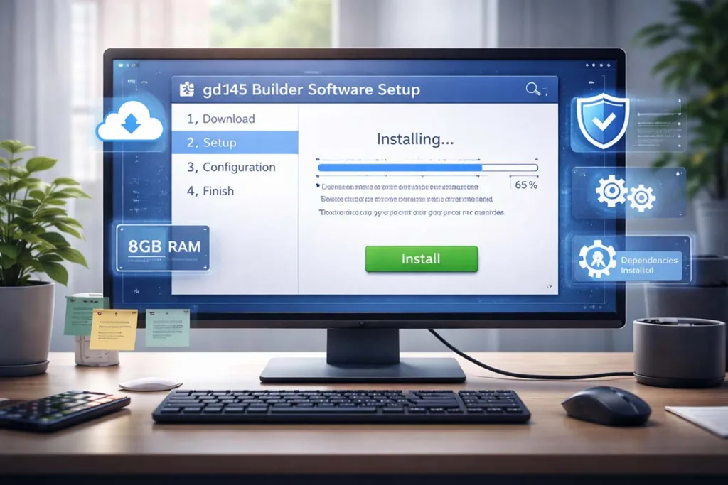 gdtj45 builder software installation screen showing setup process progress bar system requirements and dependency icons