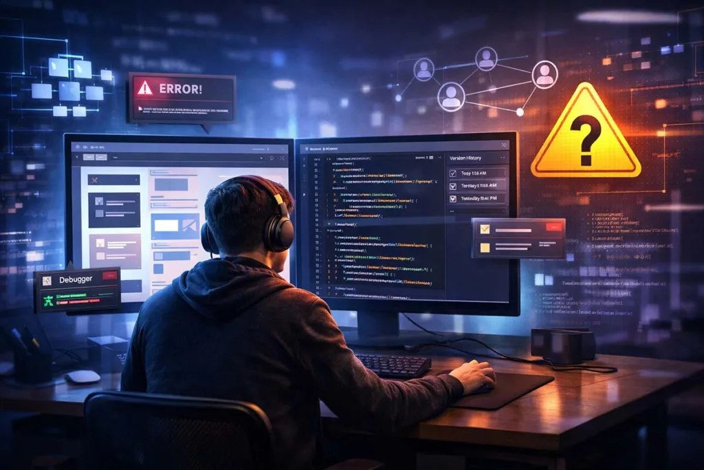 gdtj45 builder software showing a split screen with drag and drop visual builder and code editor with debugging tools and collaboration elements