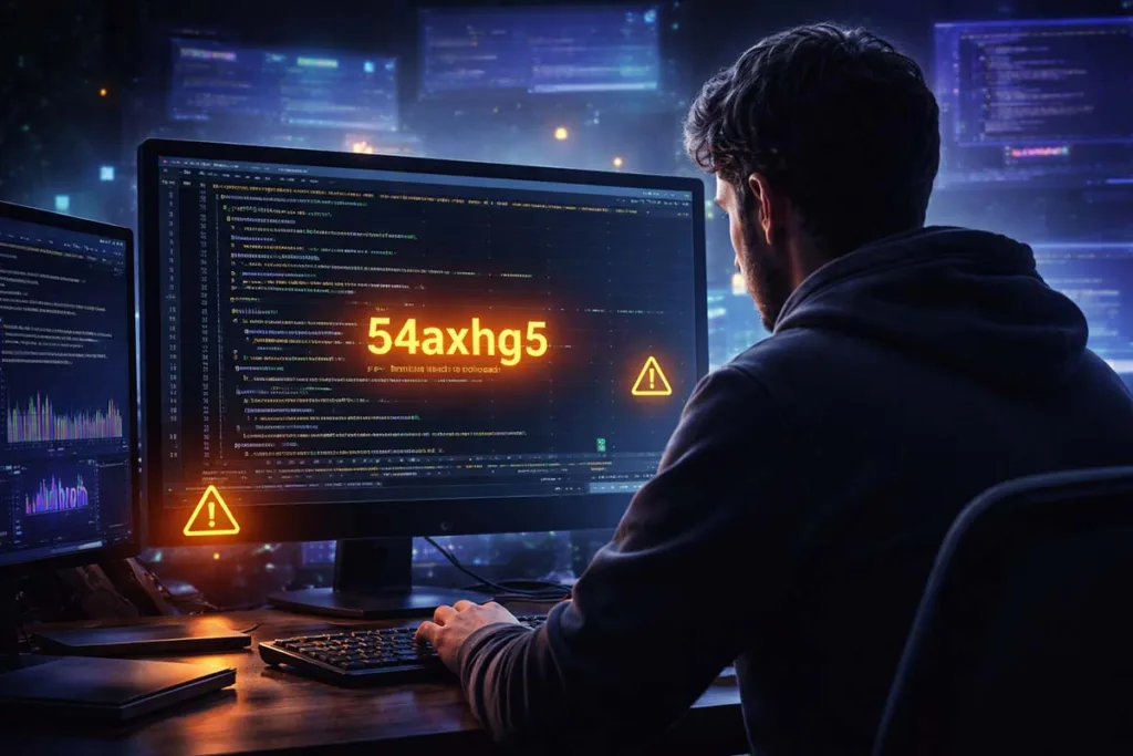 Developer analyzing python 54axhg5 error in logs and debugging code on a dark themed programming setup