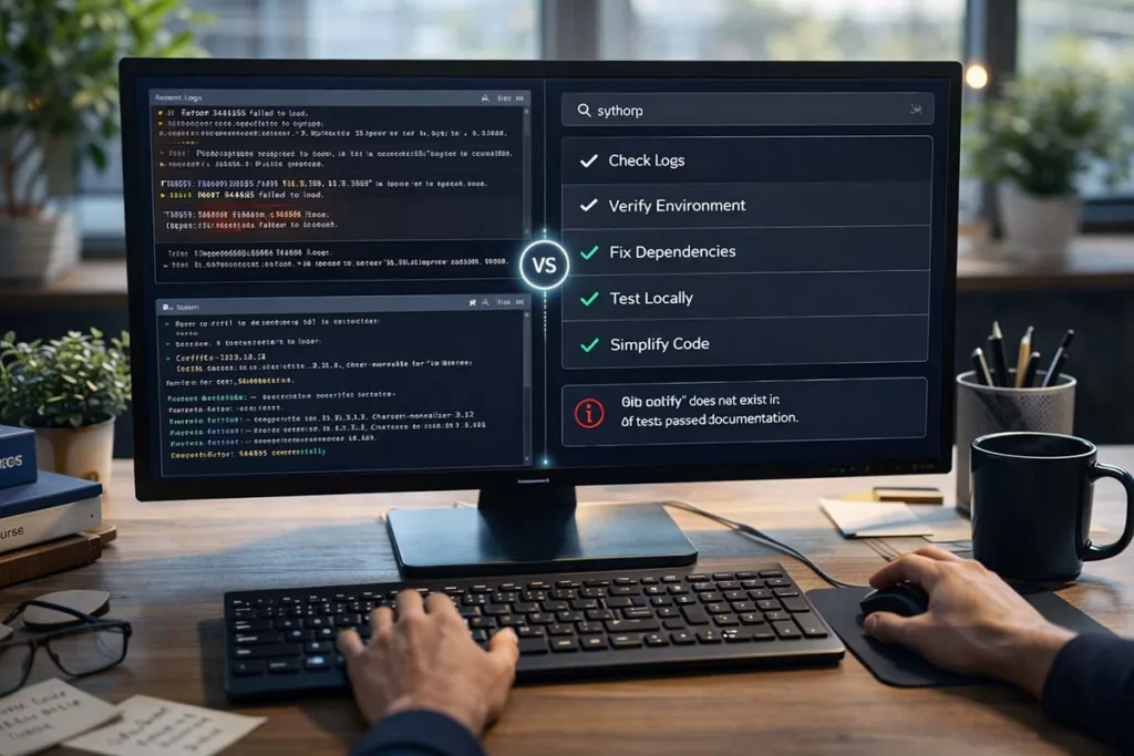 Developer fixing python 54axhg5 issue by checking logs, verifying environment, and resolving dependencies on a computer setup