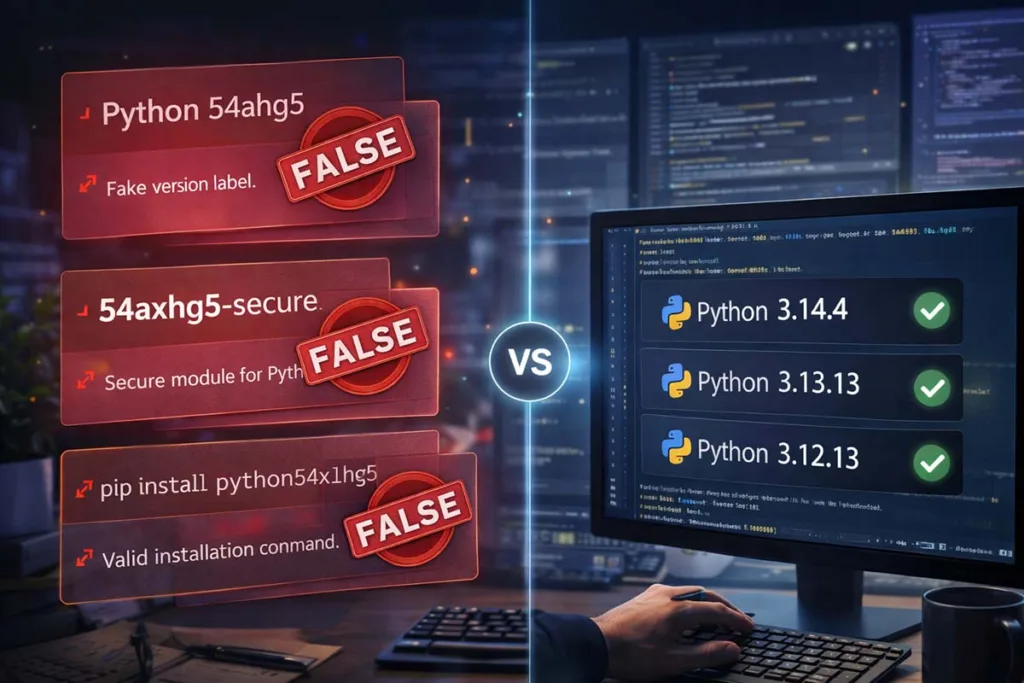 Visual comparison debunking python 54axhg5 myths showing false claims against real Python versions like 3.14.4 and 3.13.13
