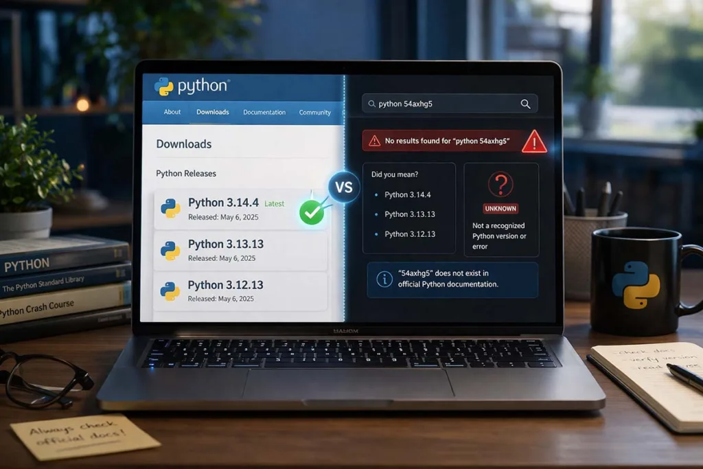 Comparison showing python 54axhg5 as an unknown label versus real Python versions like 3.14.4 and 3.13.13 on a laptop screen