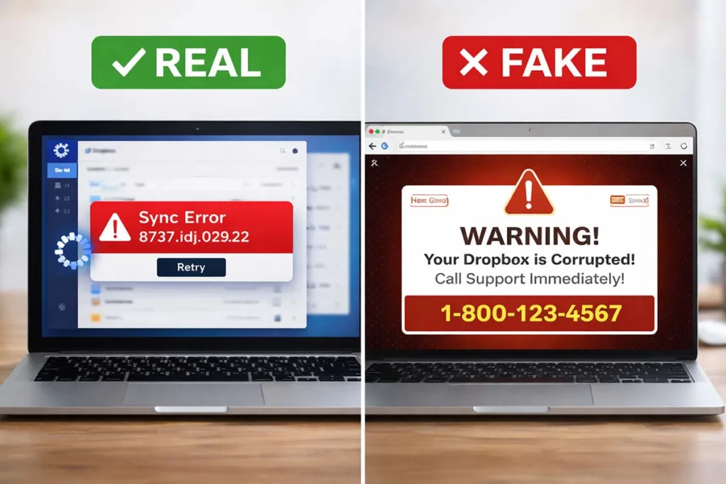 Split screen showing errorcode dropbox 8737.idj.029.22 real Dropbox sync error and fake popup phishing warning on laptop screens