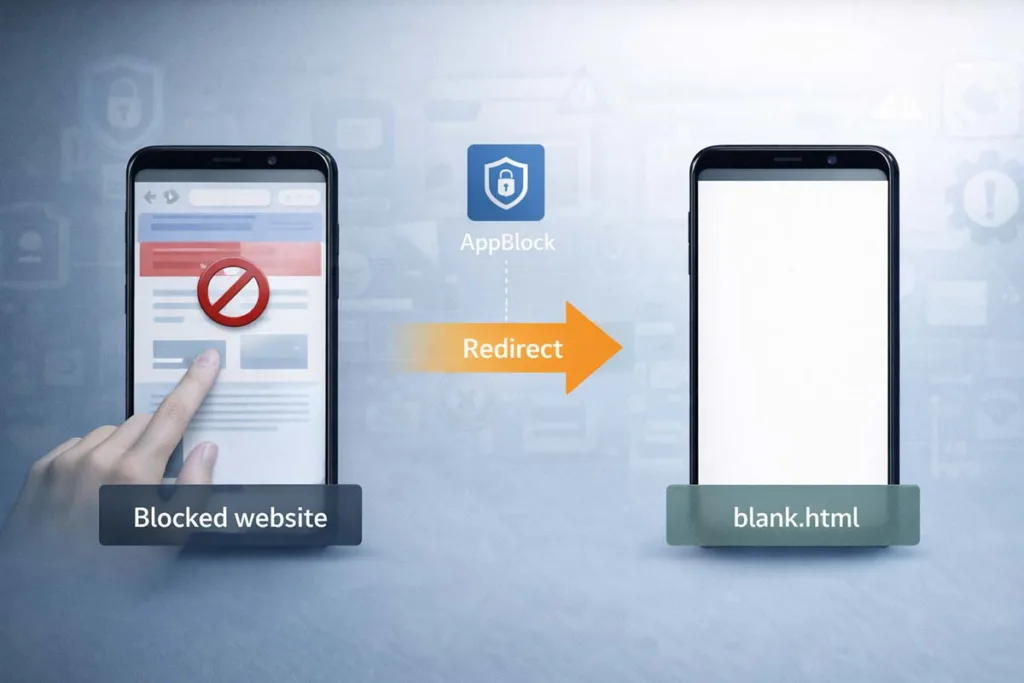 Illustration showing content://cz.mobilesoft.appblock.fileprovider/cache/blank.html redirecting a blocked website to a blank.html page using AppBlock on Android